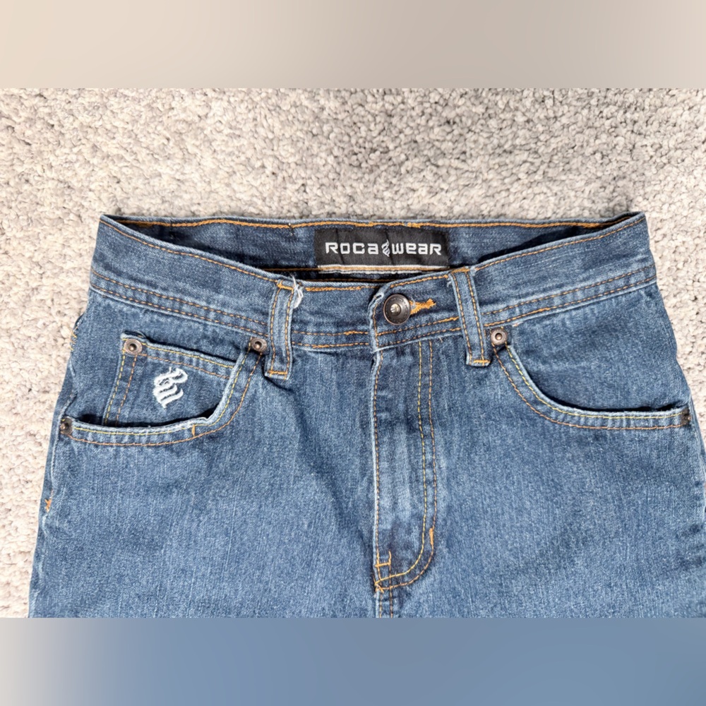 Rocawear Y2K Wide Leg Jeans Kids Size 10 Dark Wash Logo Denim - Picture 5 of 5